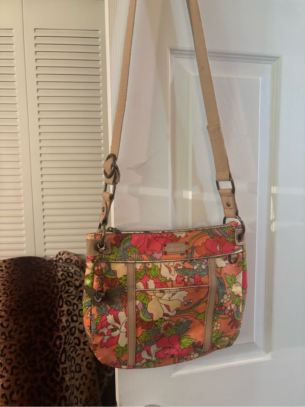 Sakroots Orange Floral Canvas Crossbody with Tan Strap